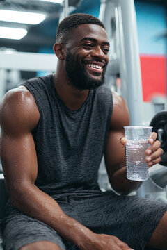 Smiling Athletic Black Man Drinking Water During Workout Break in Gym