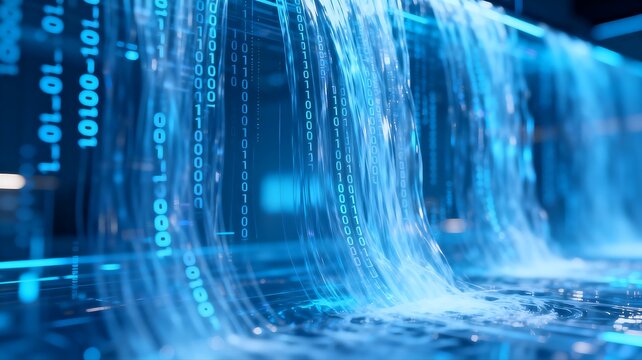 Digital Data Flowing Like Glowing Blue Waterfall Streams