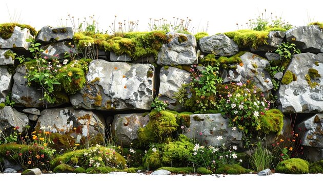 Ancient Mossy Stone Wall with Green Plants and Flowers Isolated on White Background Front View Cutout Banner