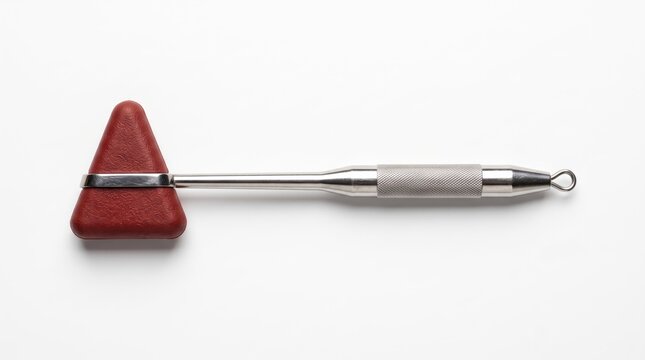 Medical reflex hammer with triangular red rubber head and metal handle