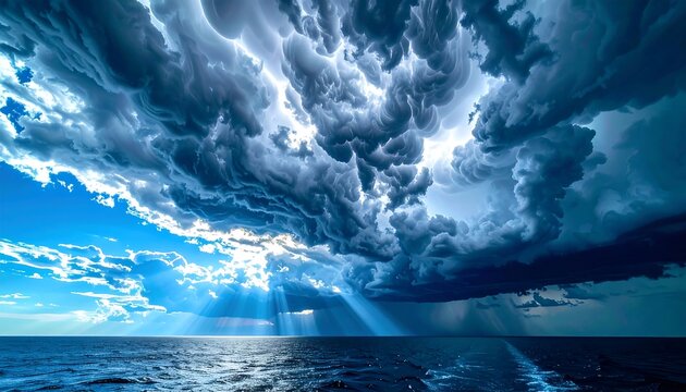 Dramatic Storm Clouds with Sun Rays Breaking Through Over Ocean Sea Water Sky Landscape Scenic Wide Banner