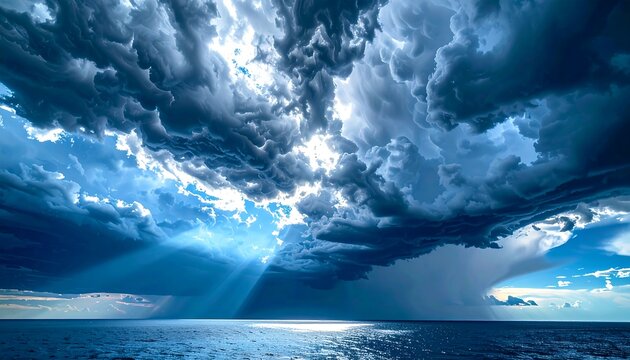 Dramatic Storm Clouds with Sun Rays Breaking Through Over Ocean Sea Water Sky Landscape Scenic Wide Banner