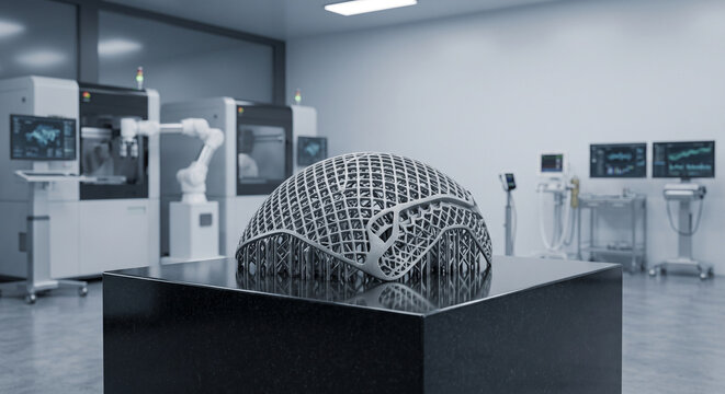 3D-Printed Titanium Cranial Medical Implant Mesh on Granite Pedestal 