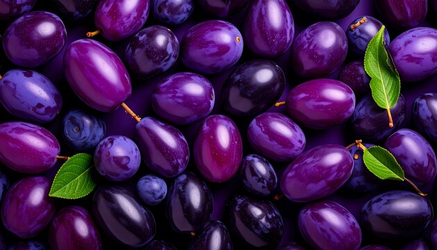 Fresh Ripe Purple Plums and Grapes Background Texture Macro Close Up Top View Flat Lay Culinary Banner