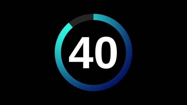 45 second countdown timer on black background with cyan blue progress ring. Modern 45 second circular countdown timer with cyan blue gradient animation