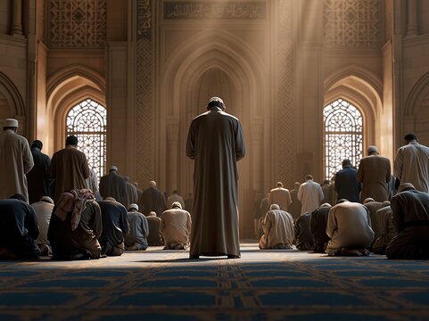 Muslim men praying inside mosque with sunbeams