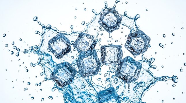 Cooled Ice Cubes Splashing in Clear Water