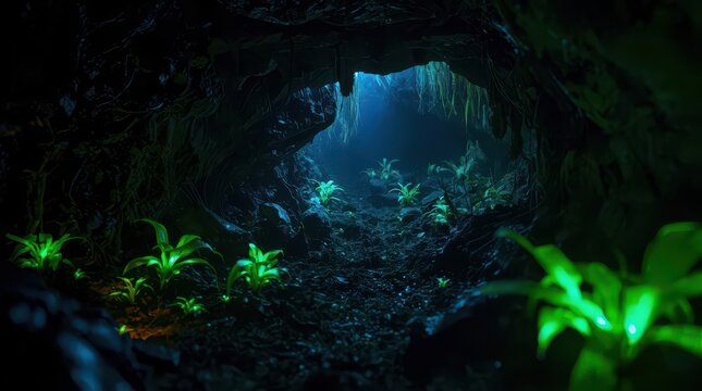 Glowing bioluminescent plants grow inside a dark underground rock cave with natural light overhead with underground cavern illuminated luminous green plants