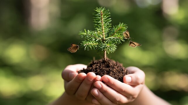 Hands holding small pine sapling with butterflies