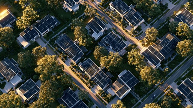 Aerial view of modern houses with solar panels
