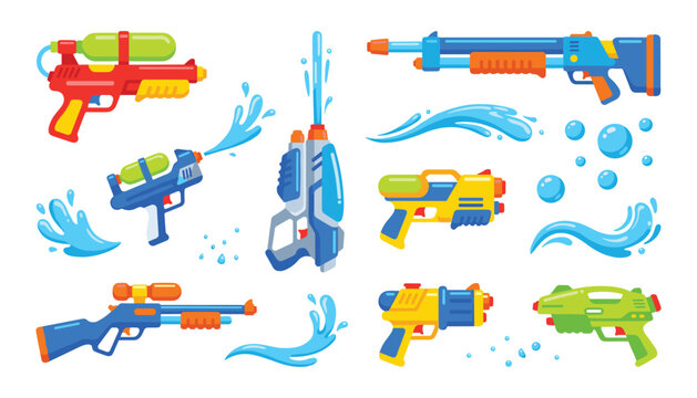 Water Gun Vector Icon Set with Colorful Plastic Water Pistols Blasters Splashes and Bubbles for Summer Pool Party Graphic Design Elements