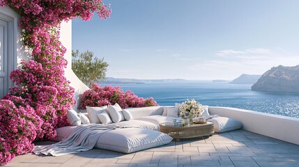 Obraz premium Relaxing terrace with pink flowers and sea view