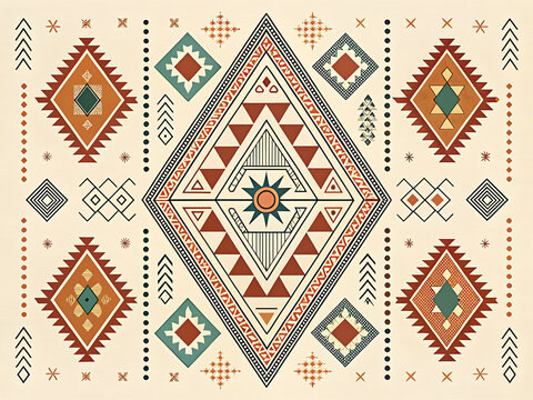 Traditional Indian tribal-inspired geometric pattern  abstract diamonds  triangles  dots and zigzag motifs