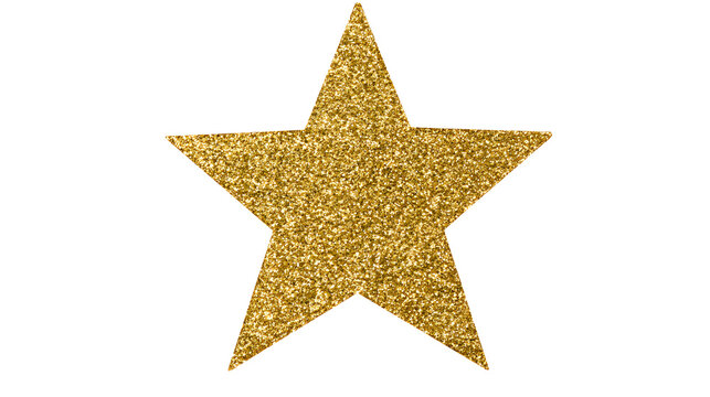 Golden glitter star cutout for festive celebrations, success themes, and decorative scrapbook projects, shining element for retro 2000s collages, isolated on white background 