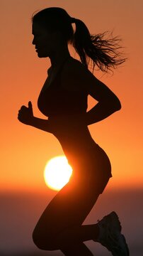 Woman running silhouette at vibrant sunset
