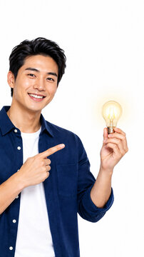 Smiling young Asian man pointing at a glowing light bulb for idea concept