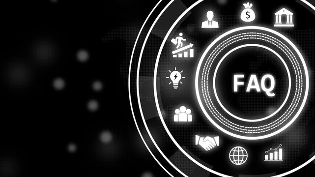 Digital faq frequently asked questions concept with glowing business and circular hud interface for customer support, corporate communication, online help center, and user experience