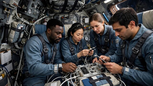 A diverse astronaut crew performs final checks before beginning a historic space mission