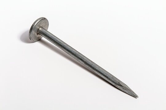 Closeup of a single metal nail on white