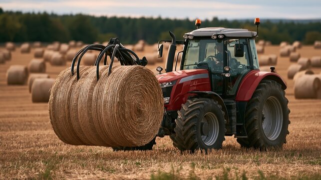 Red tractor carrying large hay bales across golden