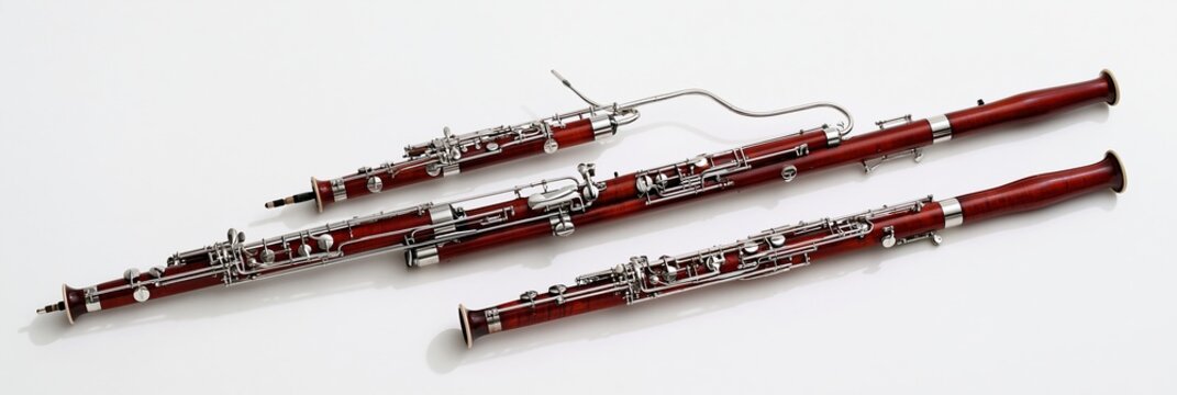 Woodwind instruments arranged on white background