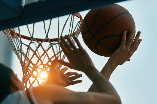 basketball player dunking ball into hoop against sunset