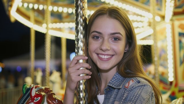 Young Girl Smiling at Carousel with Colorful Lights at Night
