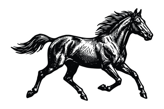 Running horse illustration in classic engraving style with engraving