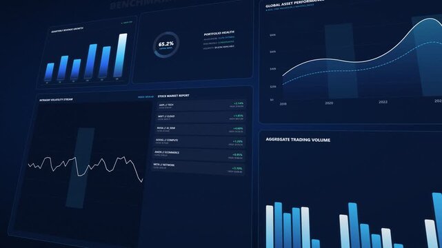 Financial data dashboard with animated market graphs and analytics. 4K Video 3D Render