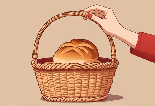 Hand holding a woven basket filled with golden bread rolls, flat illustration