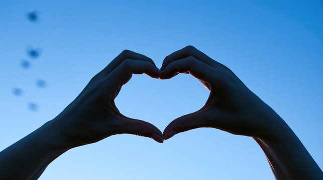 Human hands forming heart shape against blue sky