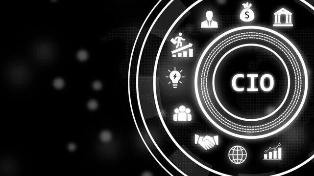 Chief information officer cio digital concept animation featuring glowing circular interface with business data analytics, strategic management, corporate leadership, and modern technology network