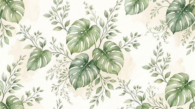 Botanical watercolor leaf pattern with mint green and cream tones for stationery designs