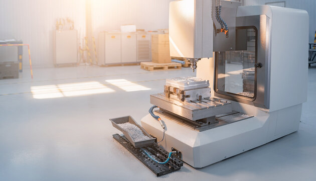 Precision Automated CNC Milling Machine Operating in a Modern Industrial Manufacturing Facility Workshop