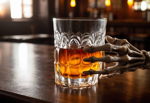 Skeleton hand holding a glass of amber liquid on a dark wooden table