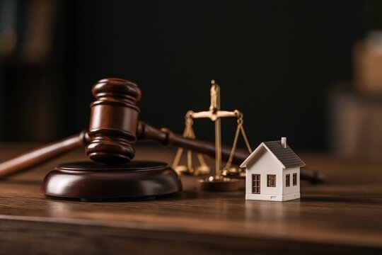 Lawyer gavel and scales next to miniature white