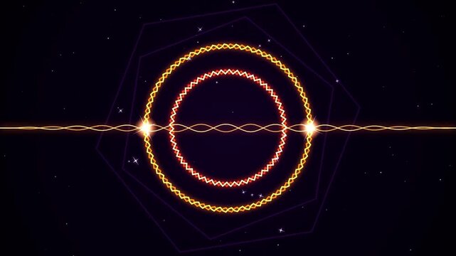 Glowing neon geometric circles oscillating with rhythmic light wave motion in this abstract digital animation loop