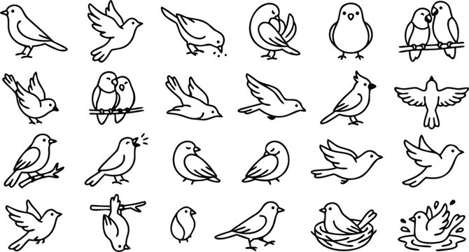 Minimalist Bird Line Icon Set Featuring Flying Perching and Nesting Avian Outlines for Nature Branding Web Design Apps and Creative Graphic Illustrative Projects