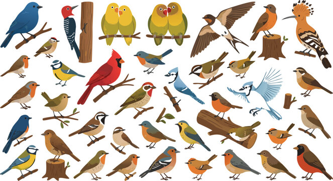 Cute Bird Species Vector Collection Featuring Cardinal, Blue Jay, Woodpecker, Lovebirds, Robin, and Sparrow on Tree Branches for Nature, Wildlife, and Educational Children Illustrations