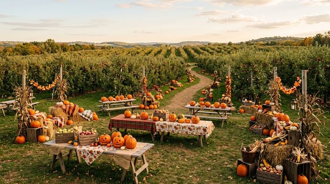 Halloween Event in an Apple Orchard with Rustic Tables