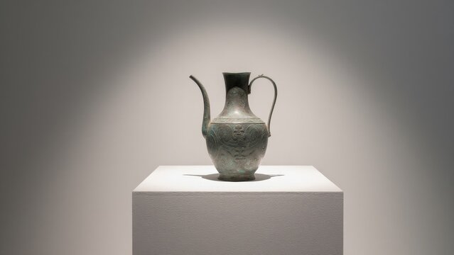 Antique Bronze Pitcher with Intricate Design on Display in Gallery