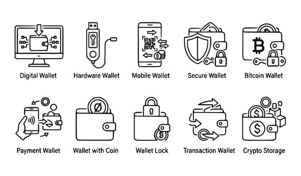 Bitcoin Cryptocurrency Wallet Outline Vector Icon Collection