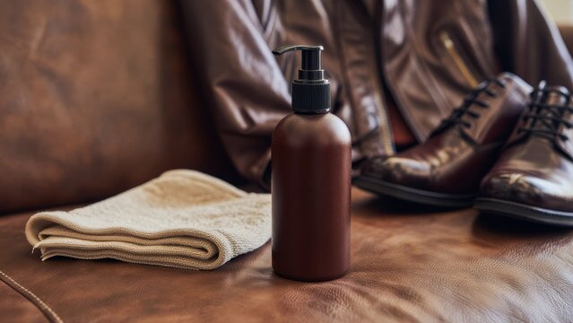 Stylish Leather Care Set with Bottle, Towel, and Classic Shoes