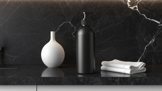 Modern Bathroom Decor with Black Bottle and White Vase on Countertop