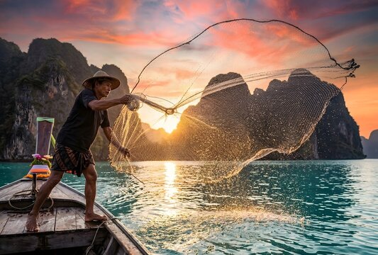 Action shot of a Thai fisherman casting a large circular fishing net into the sea at sunrise. Golden sunlight shimmering on the water droplets. 