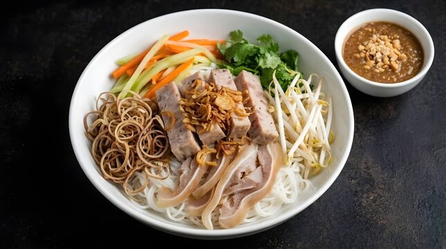 B&uacute;n mắm n&ecirc;m-  soft white rice vermicelli noodles as the base, Thinly Sliced Pork Ear (Tai heo) with left,savory fermented anchovy sauce (mắm n&ecirc;m), topped with crushed roasted peanuts or sesame seeds