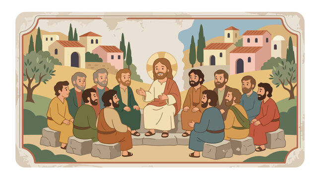 Jesus Christ teaching his disciples in an outdoor gathering.