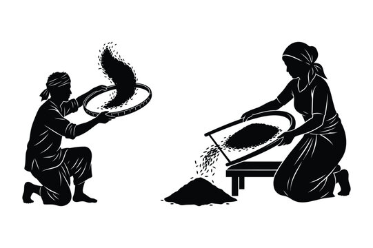 People sifting grain using traditional handheld tools with winnowing