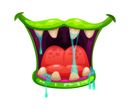 Cartoon green monster mouth with sharp teeth, red tongue, and blue dripping slime. Vector evil green lips frame open mouth revealing red spotted tongue, pink gums, and blue drool for spooky Halloween