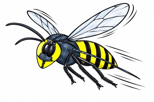 Flying wasp vector illustration isolated on white background, aggressive hornet in flight hand drawn comic style